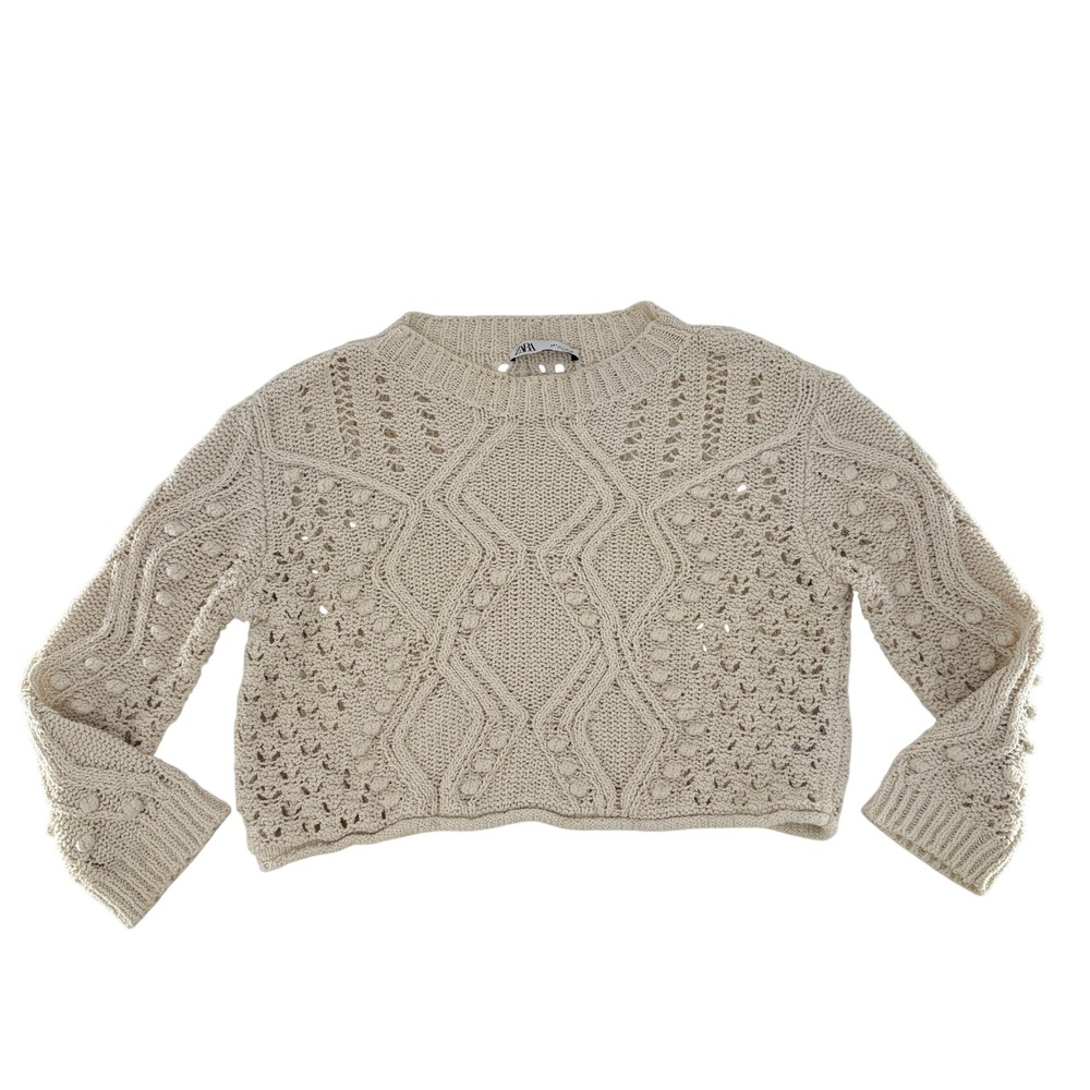 Zara Knit Cropped Sweater Small Cream Pom Pom Open Knit Boho Chic Pullover - Picture 4 of 11